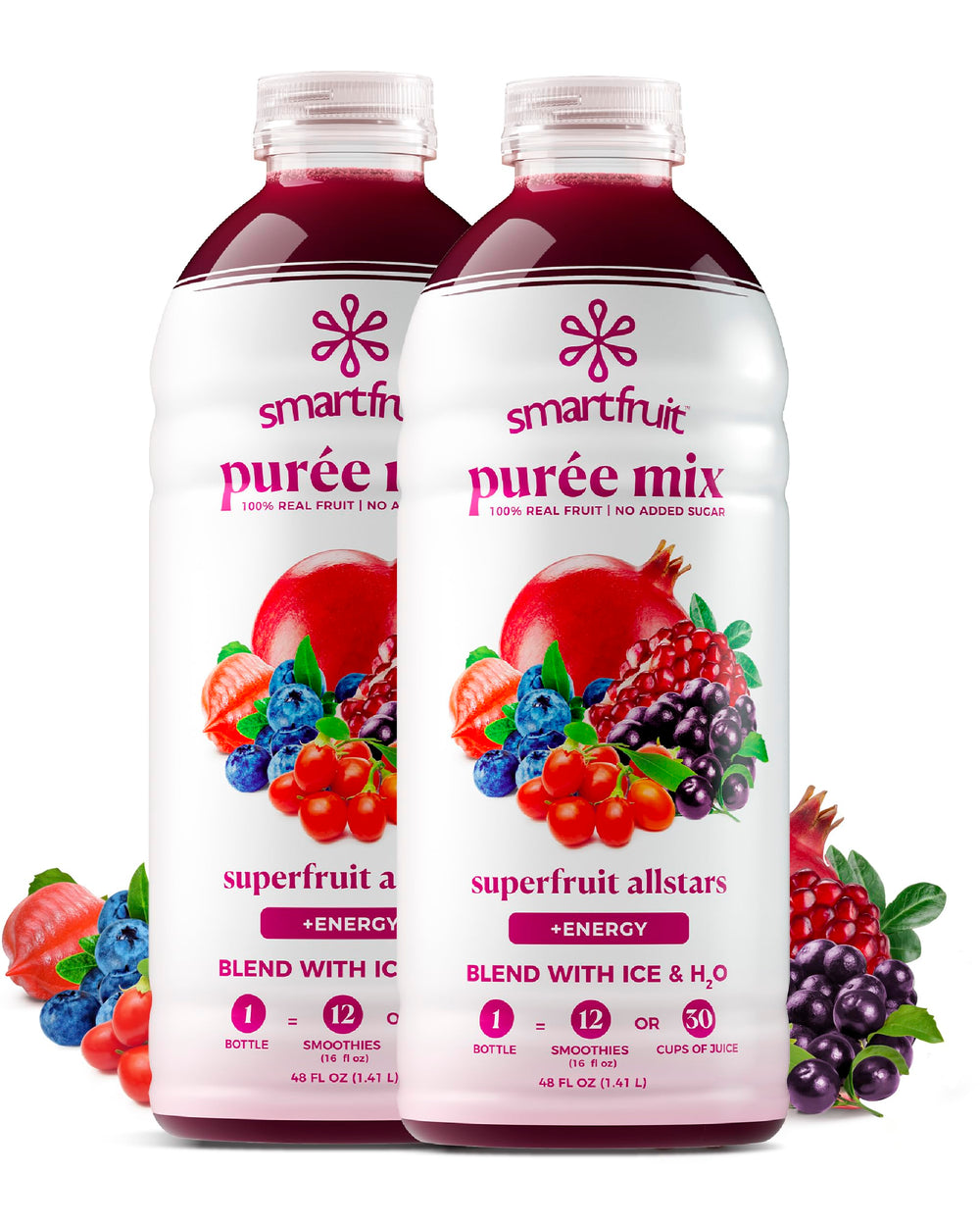 Smartfruit Superfruit All-Stars Energy bottle pour—real fruit purée for smoothies.