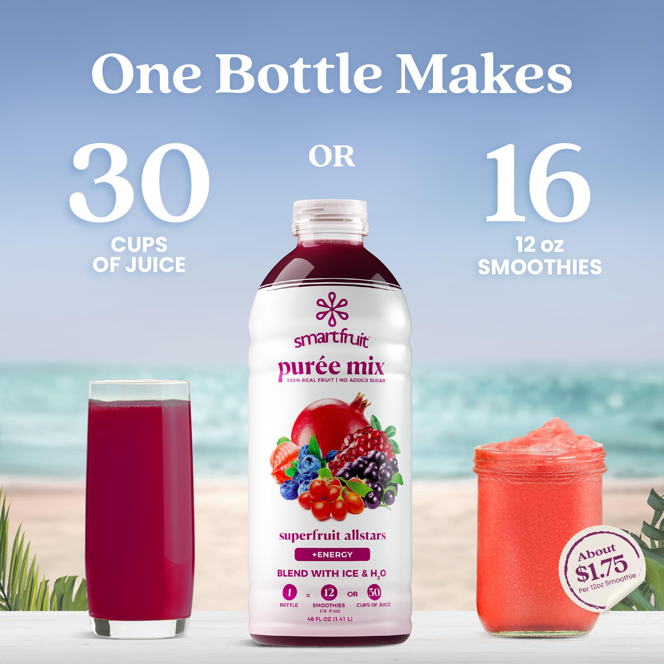 Smartfruit front label on bottle—premium real fruit purée.