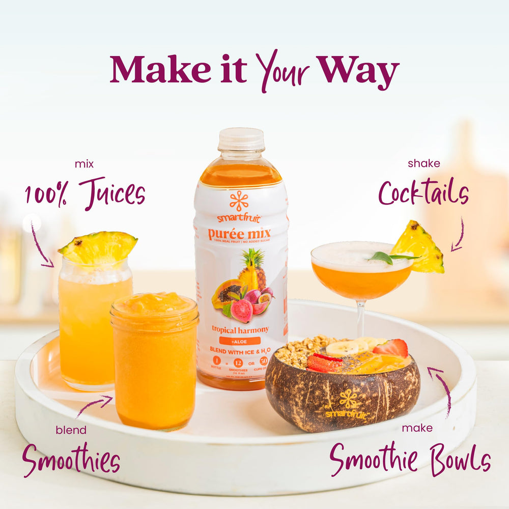 Yogurt bowl topped with Smartfruit Tropical Harmony for natural flavor boost.