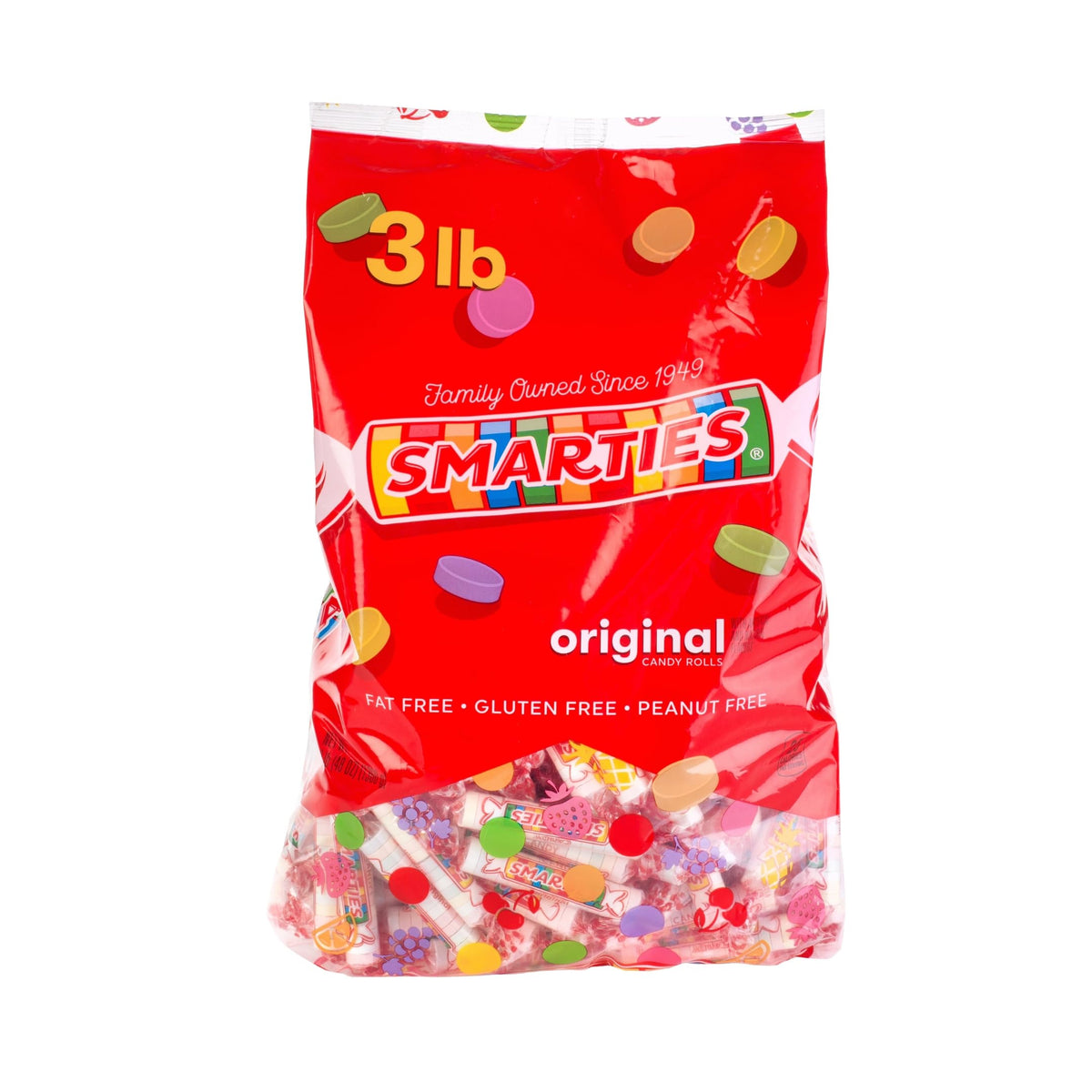 Smarties bulk rolls original flavor bag showcases colorful candies for sharing.