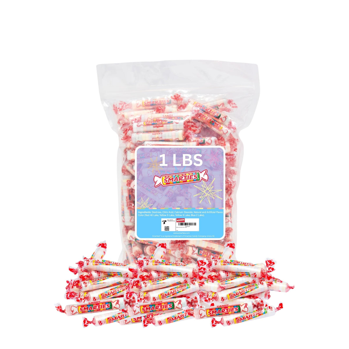 Smarties bulk rolls original flavor close-up, vivid colors ideal for party favors.