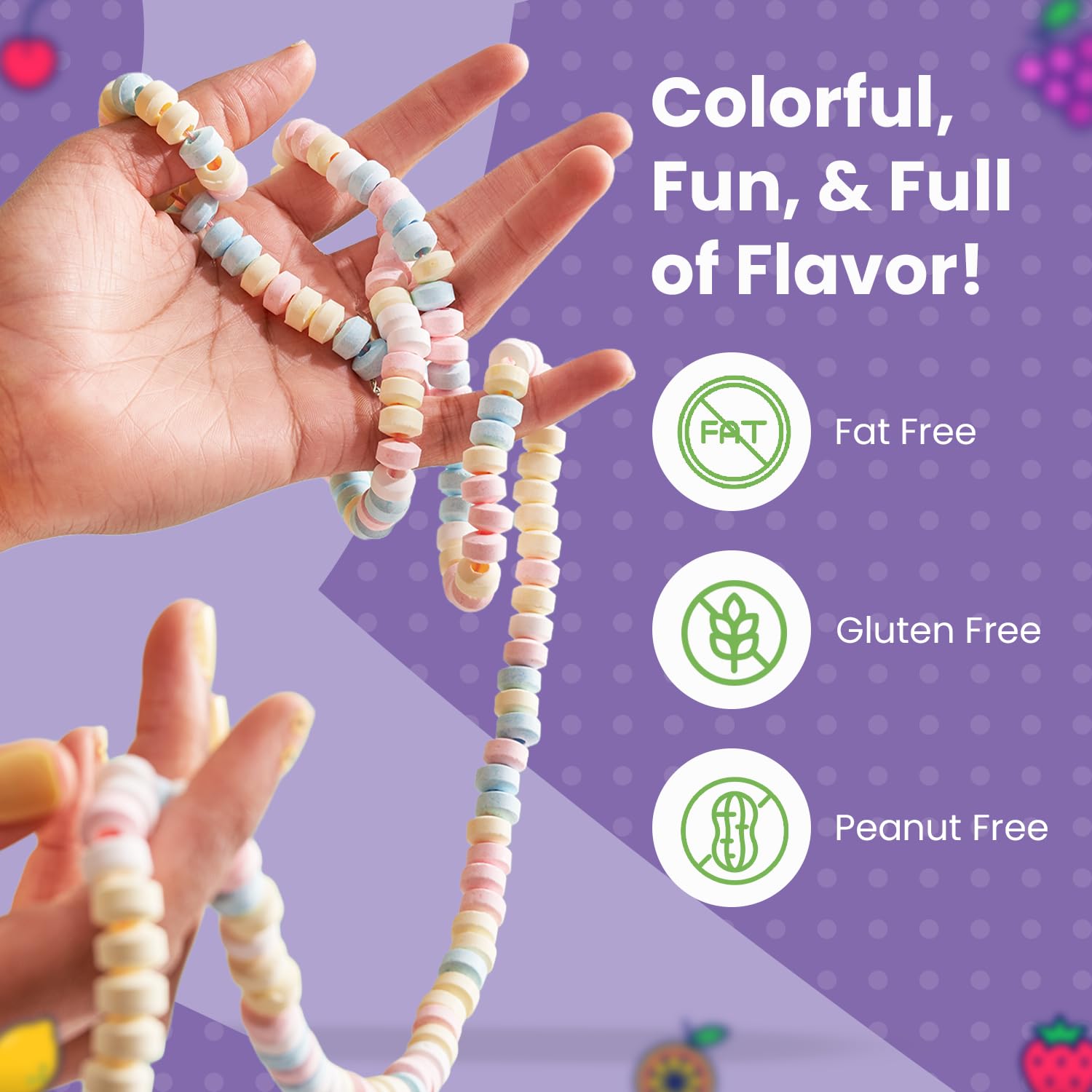 Smarties Candy Necklace close-up highlights vibrant fruit flavors and wearable candy fun.