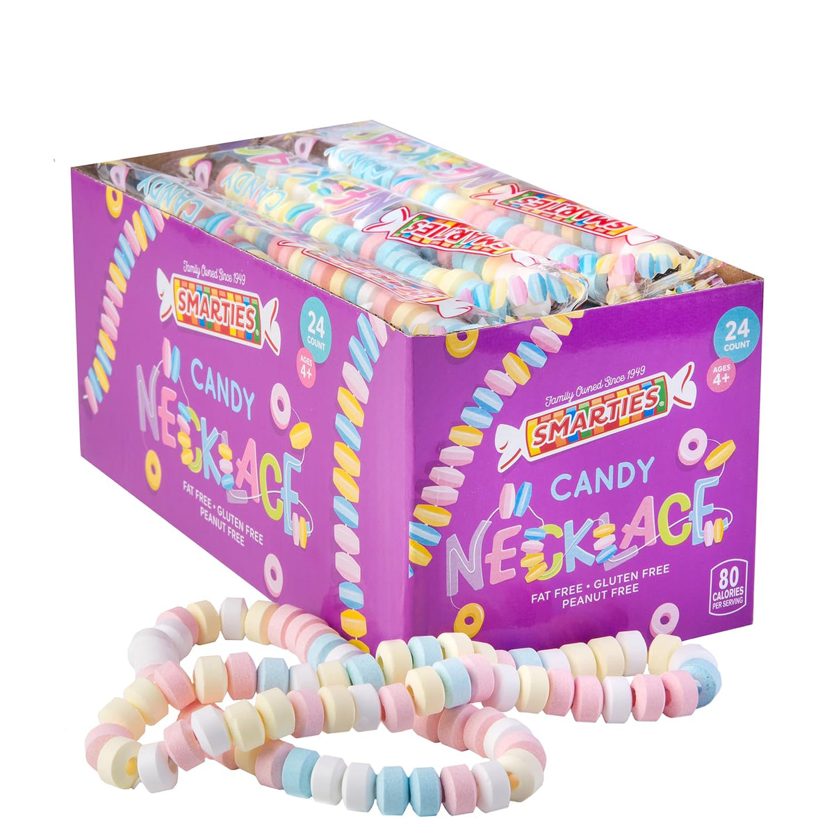 Smarties Candy Necklace packaging displays a colorful vegan-friendly treat for celebrations.