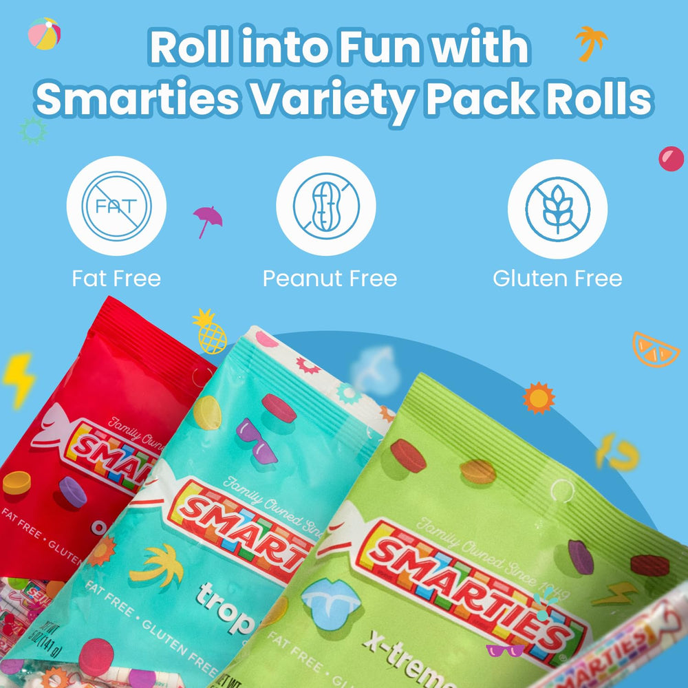 Smarties Candy Triple Pack rolls with tropical flavors, perfect for lunch boxes.