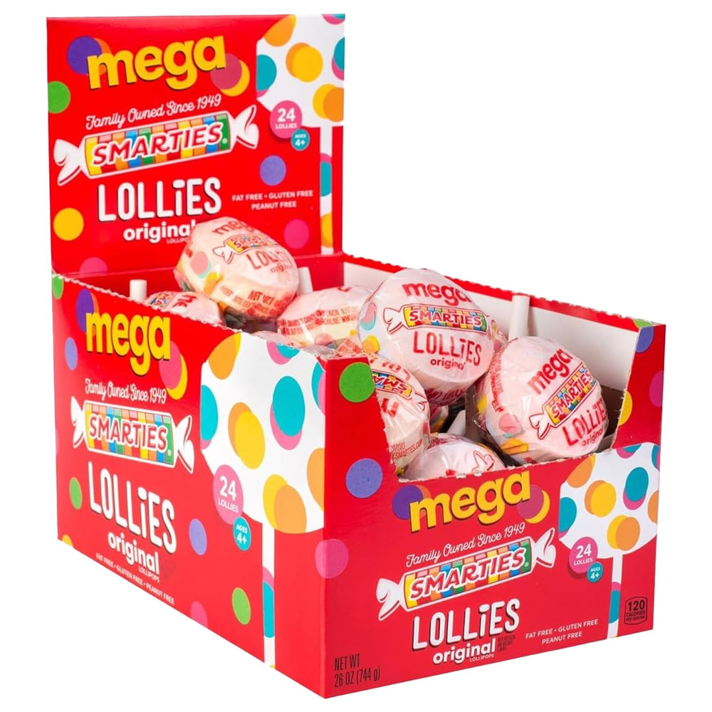 Smarties Double Lollies Mega box-front view showing gluten-free and peanut-free candy option.