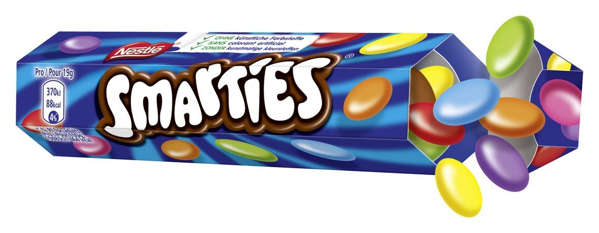 Smarties hexagon candies close-up emphasizing German-made chocolate quality.