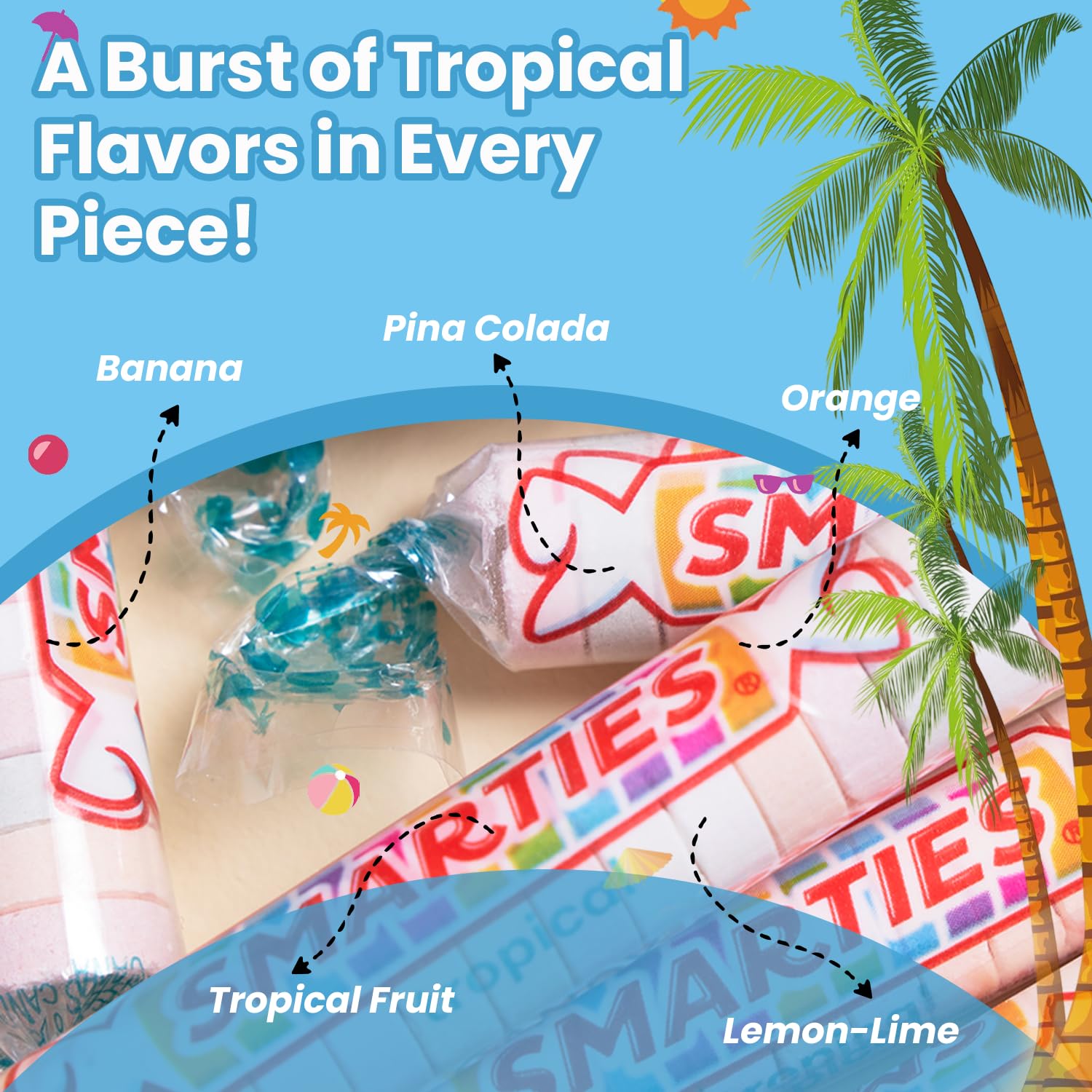 Individually wrapped Smarties tropical candy rolls for on-the-go snacking and sharing.