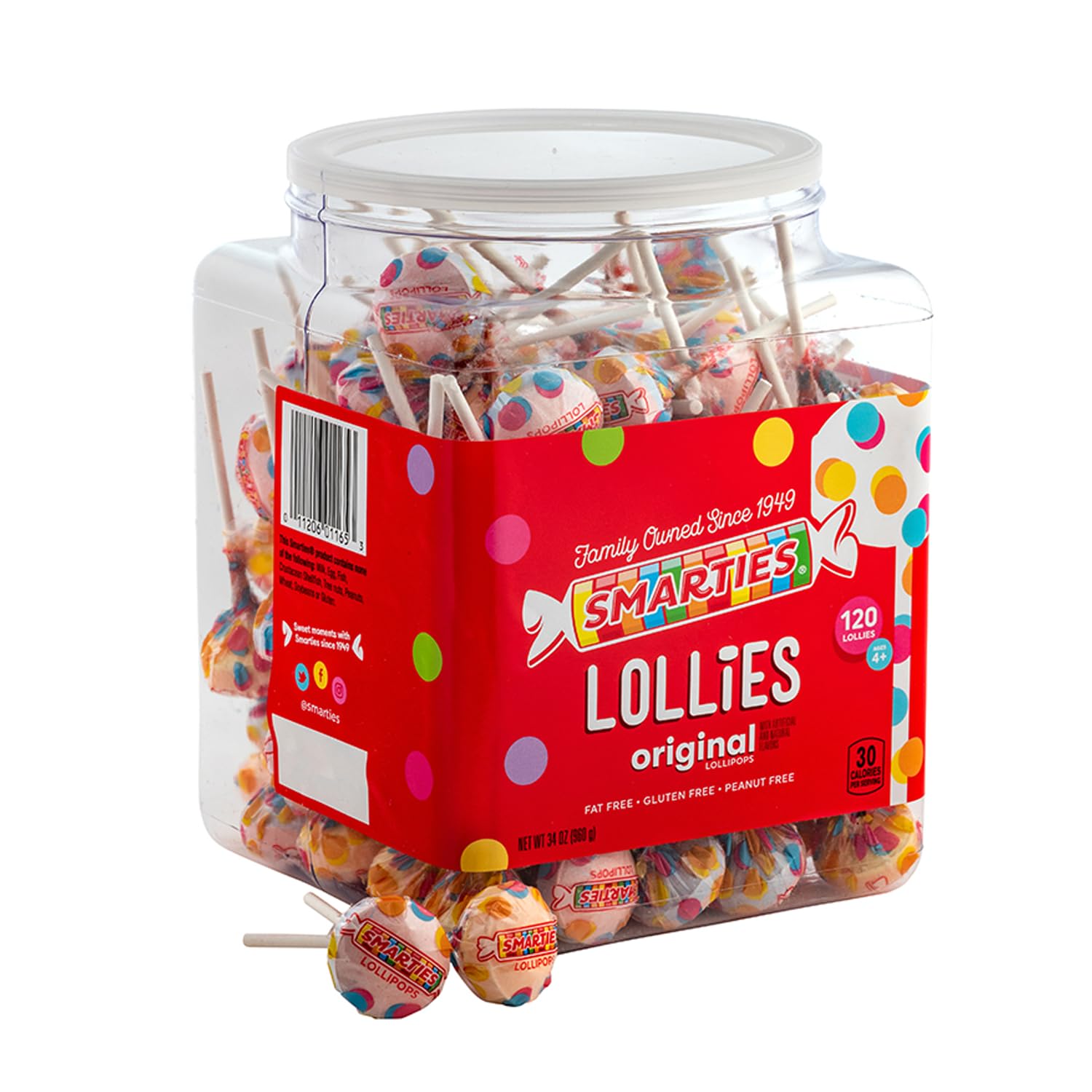 Smarties Lollies jar display shows gluten-free, peanut-free candy ideal for parties.