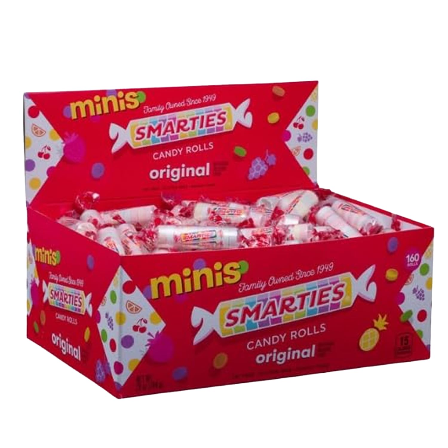 Smarties Mini Rolls packaging closeup highlighting vegan and gluten-free credentials.
