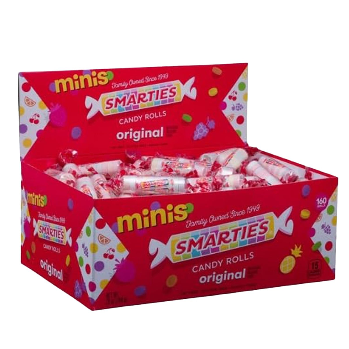 Smarties Mini Rolls packaging closeup highlighting vegan and gluten-free credentials.