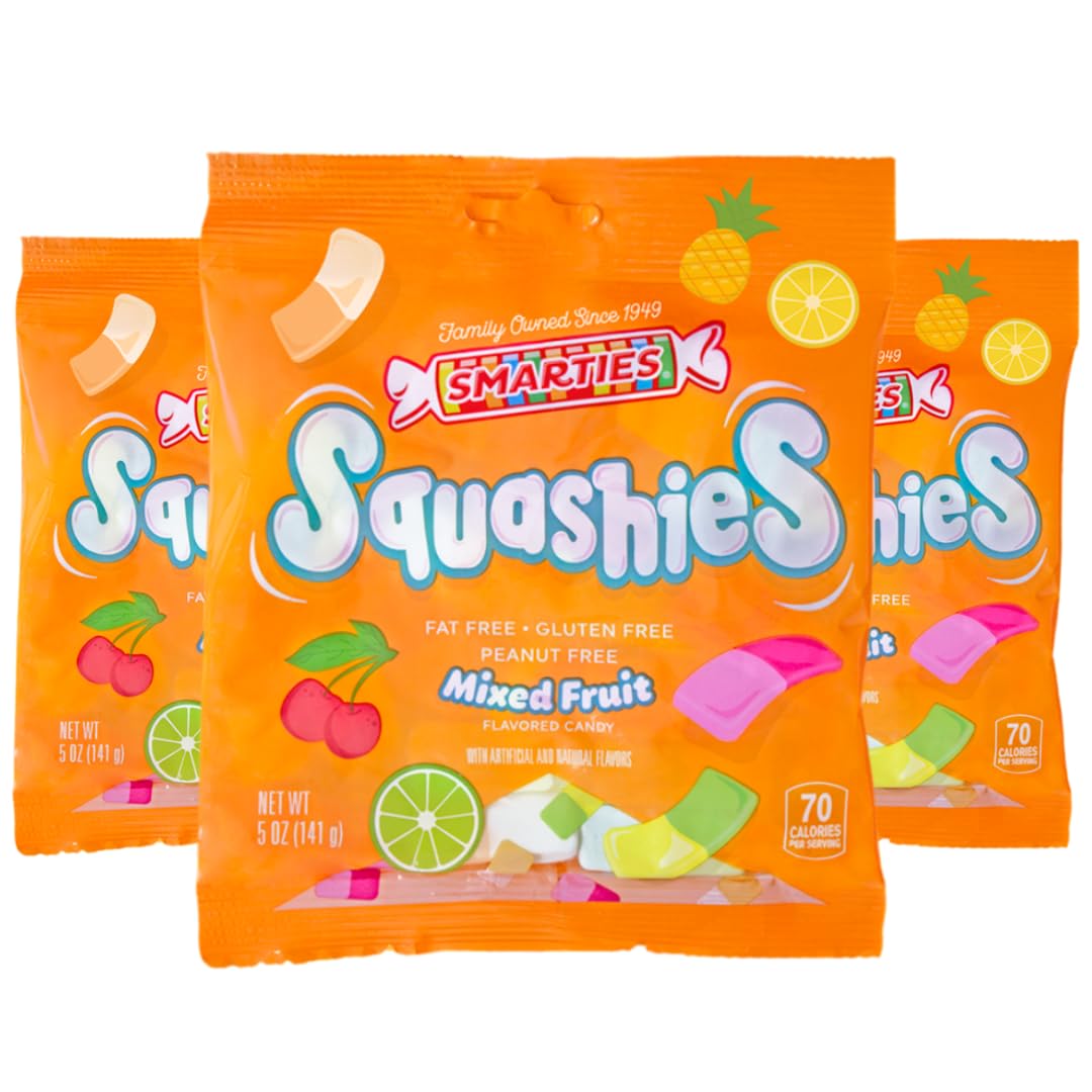 Smarties Squashies front pack shot showing gluten-free and peanut-free gummy candy.