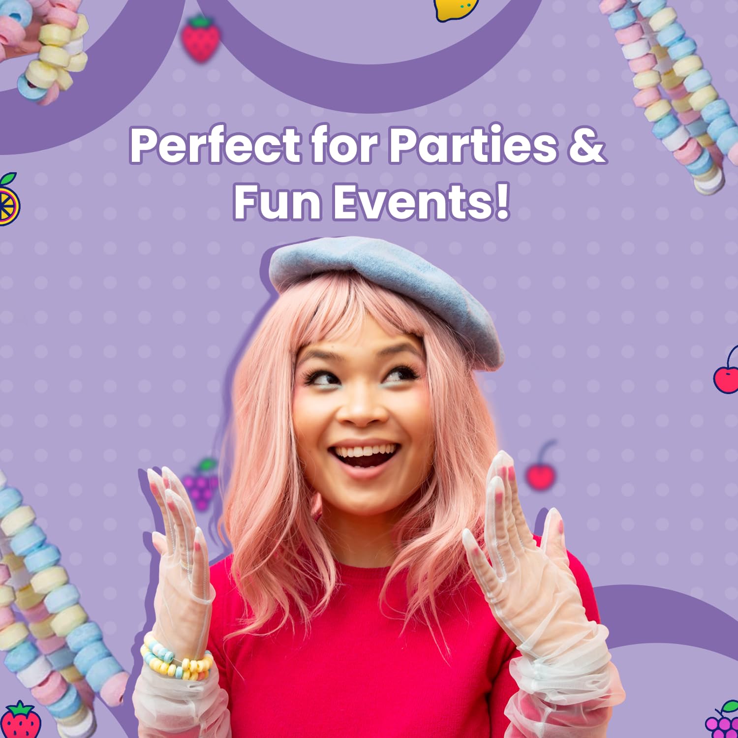 Smarties stretch string necklace ready to wear at parties.