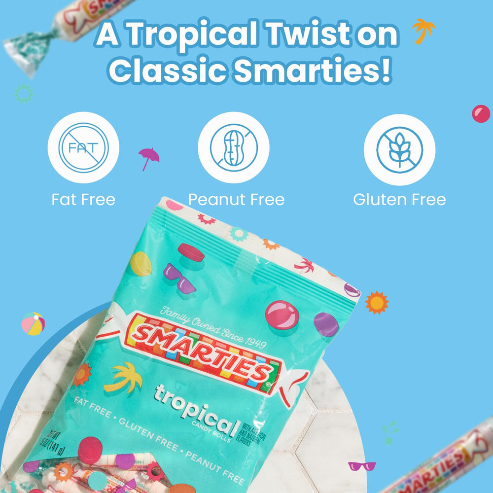 Close-up of Smarties tropical candy rolls showcasing vibrant colors and fruit flavors.