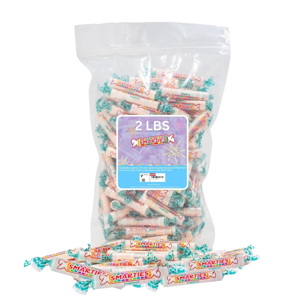 Smarties tropical candy rolls two-pound bag shown for bulk snacking and gifting.