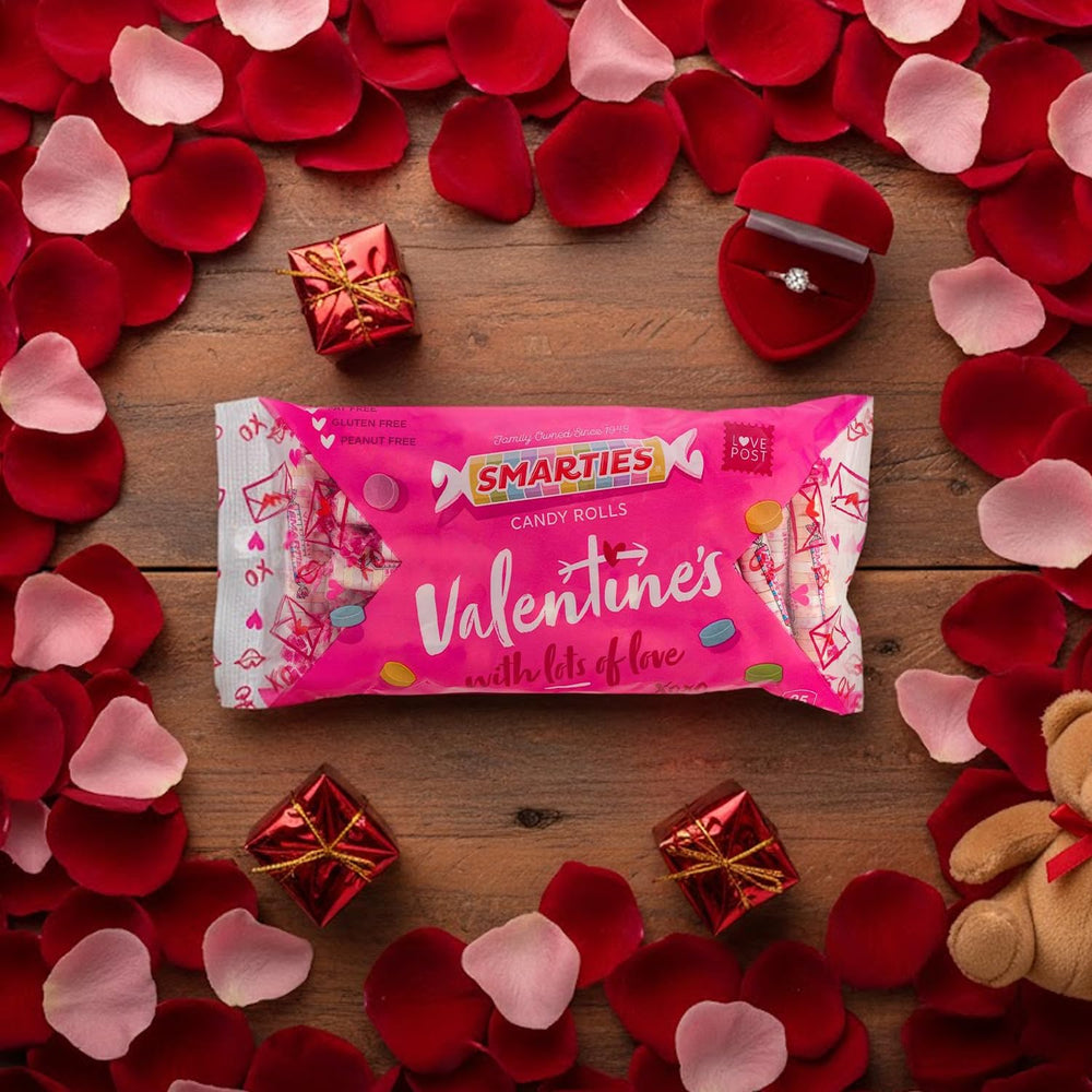 Smarties Valentine candy rolls presented as a gift idea.