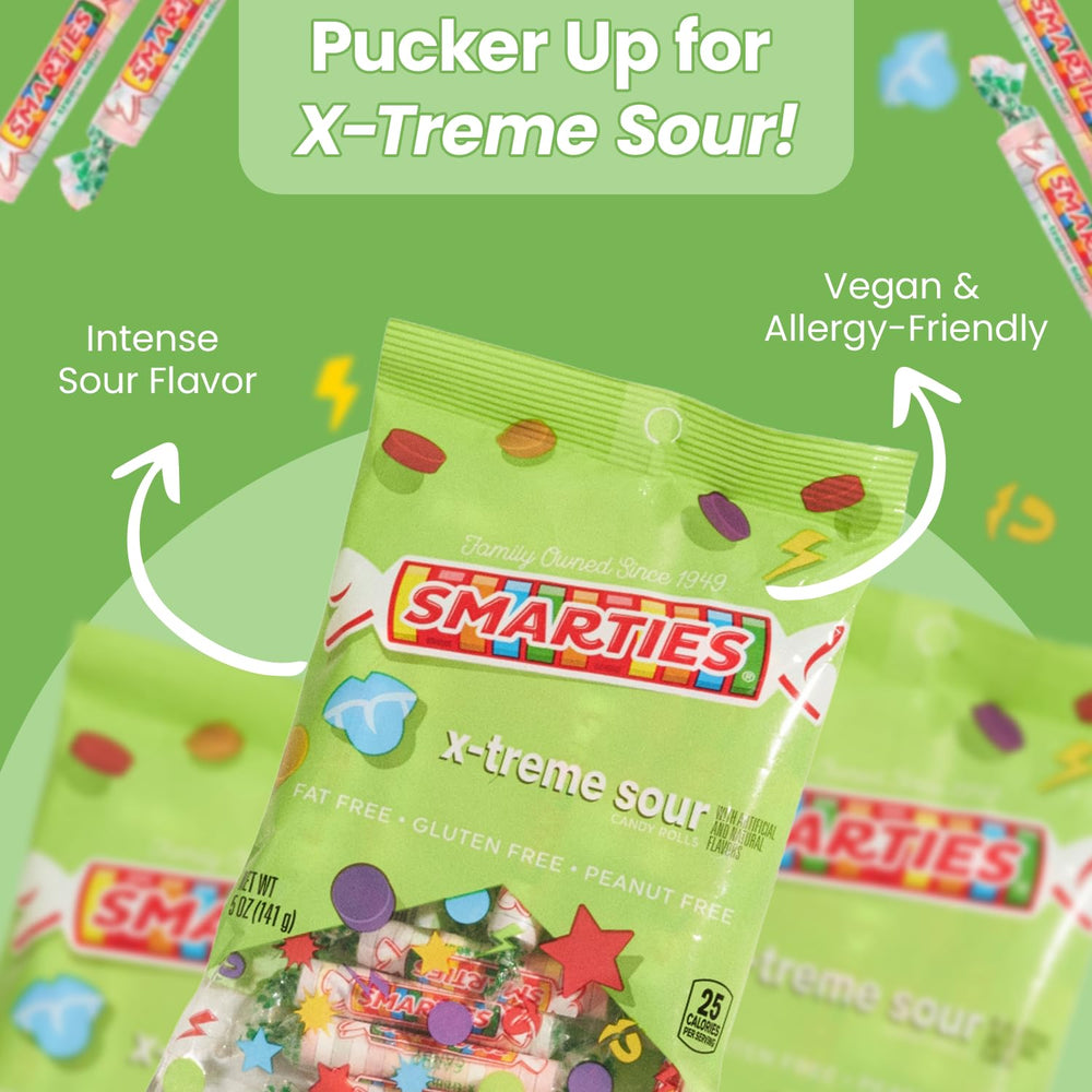 Smarties X-Treme Sour Candies on a party table with candy pieces spilling
