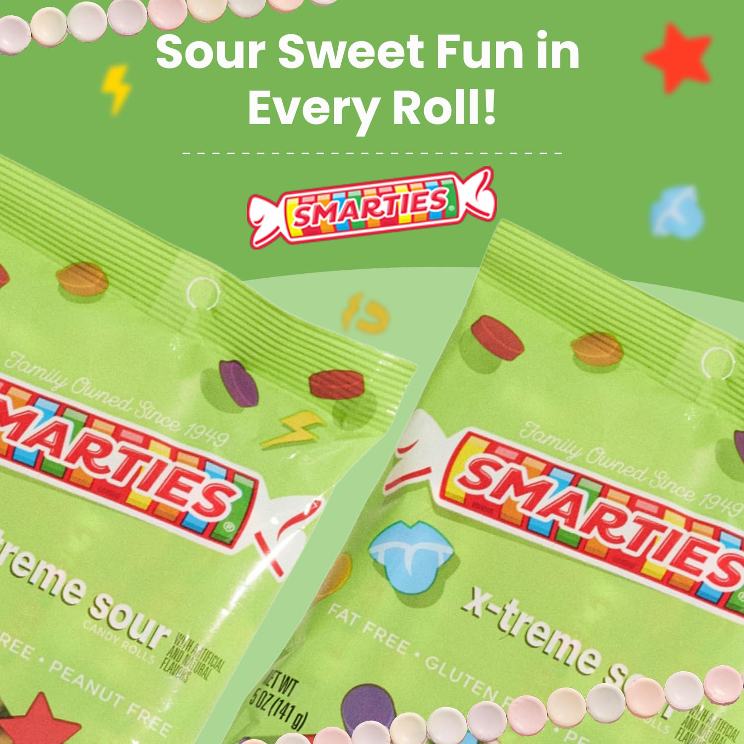 Smarties X-Treme Sour Candies packaging emphasizes gluten-free and dairy-free attributes