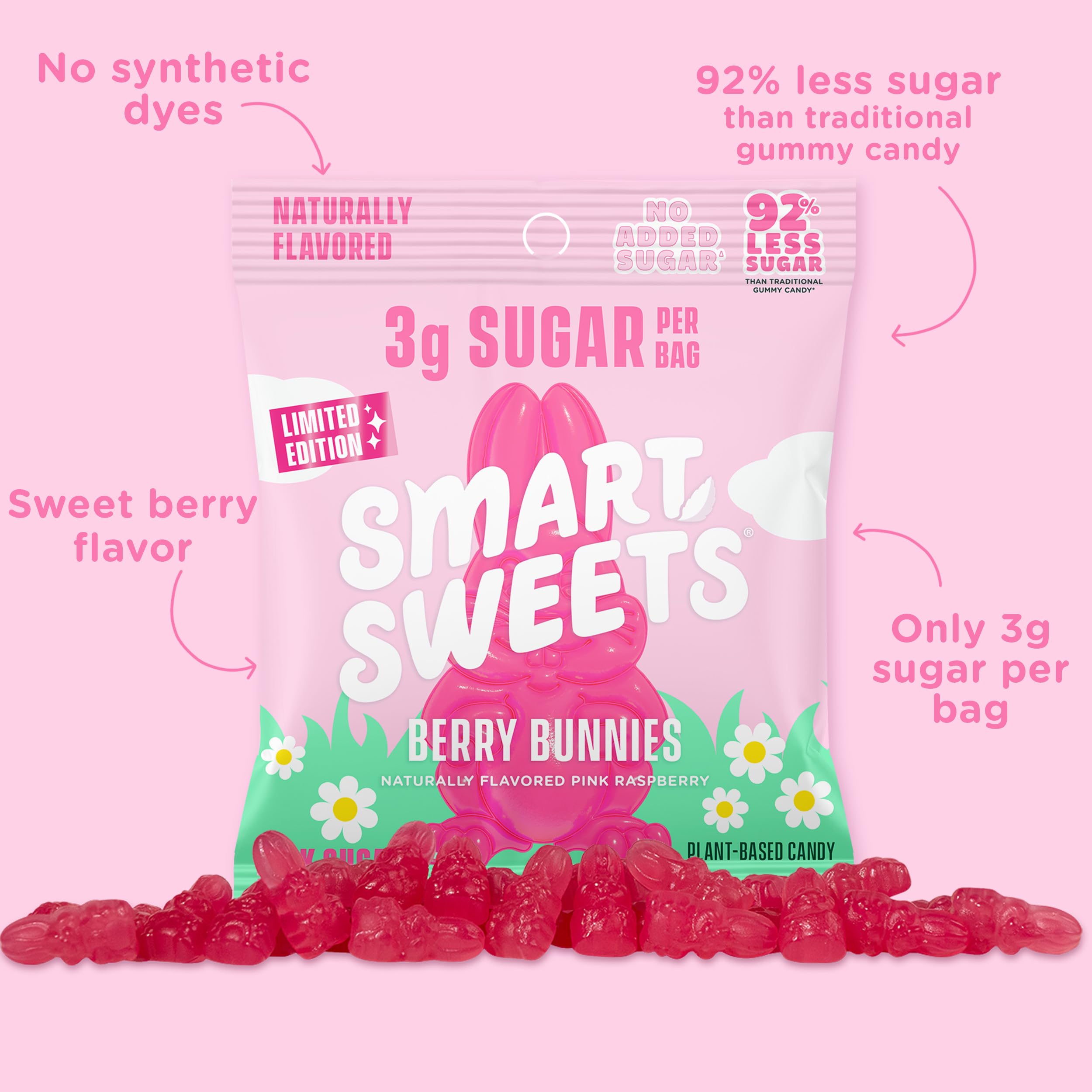 SmartSweets Berry Bunnies colors from fruit and vegetable juices.
