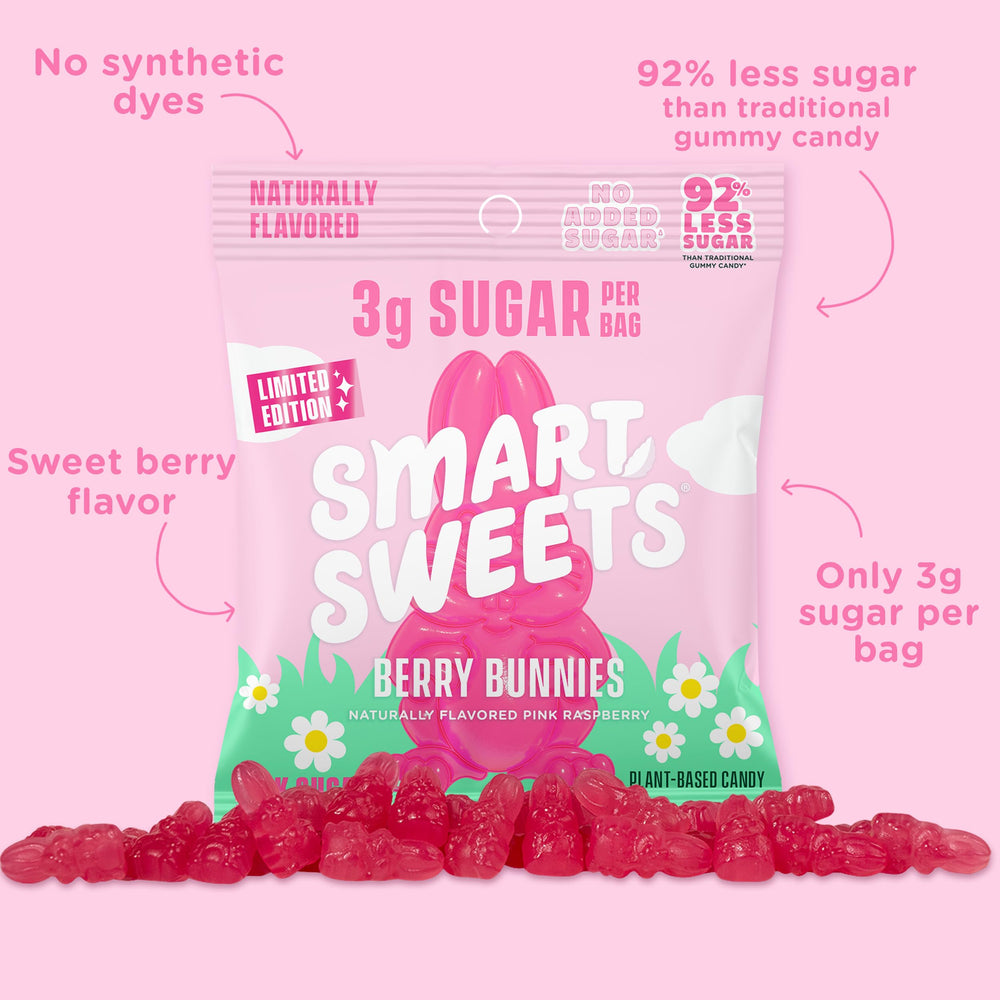 SmartSweets Berry Bunnies colors from fruit and vegetable juices.