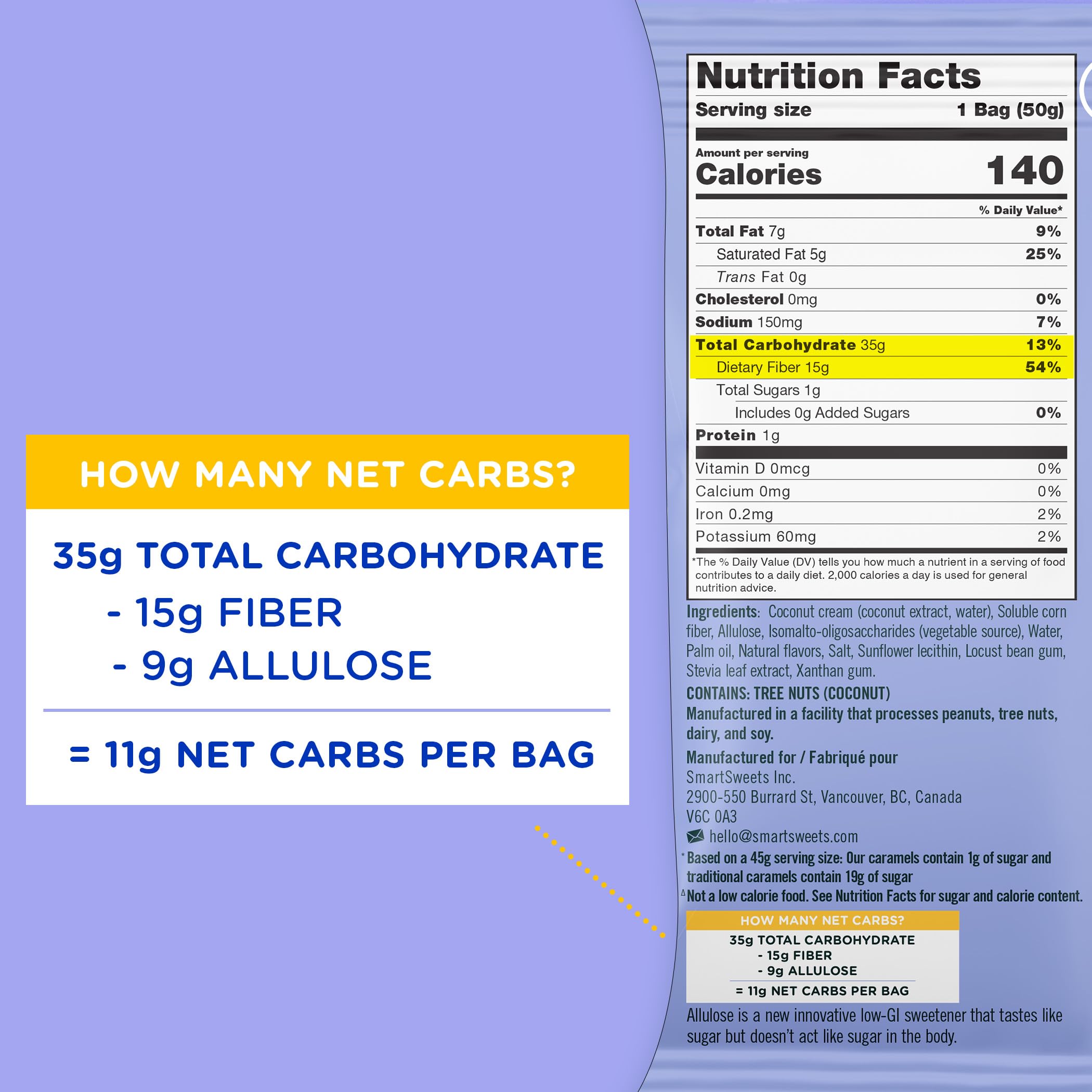 SmartSweets Caramels gluten-free label on package