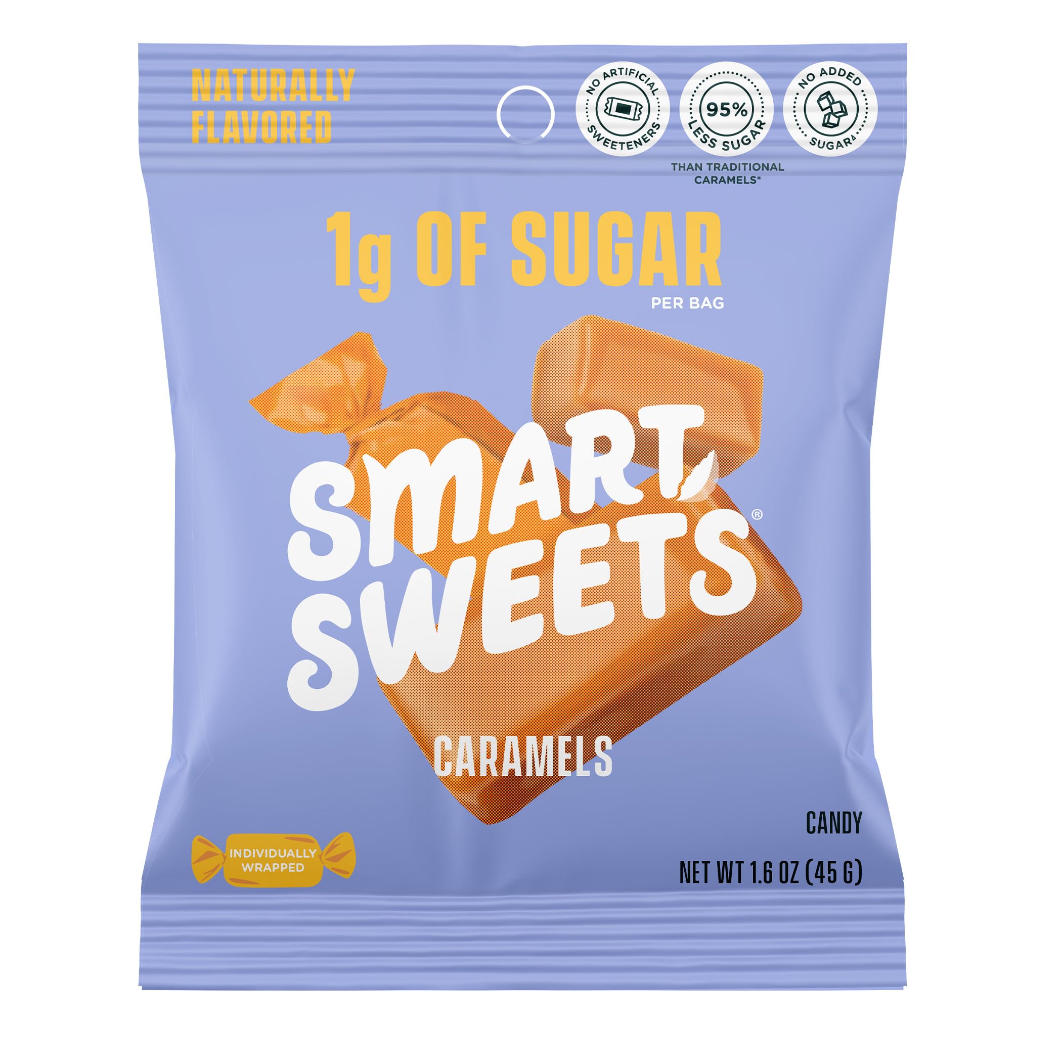 SmartSweets Caramels 12-pack display, a low sugar snack option