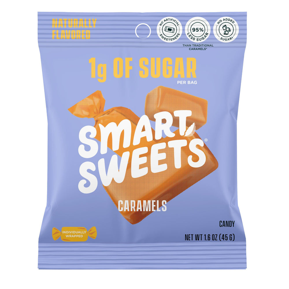 SmartSweets Caramels 12-pack display, a low sugar snack option