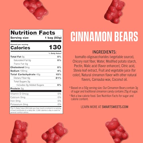 SmartSweets Cinnamon Bears packaging display highlights gluten-free, plant-based candy.