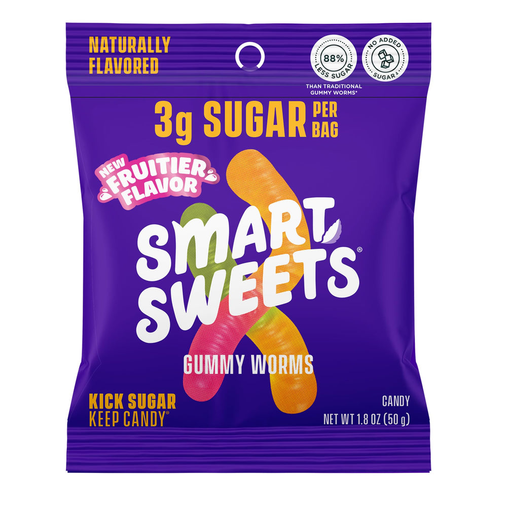 SmartSweets Gummy Worms pack-14 front view, a low-sugar snack.