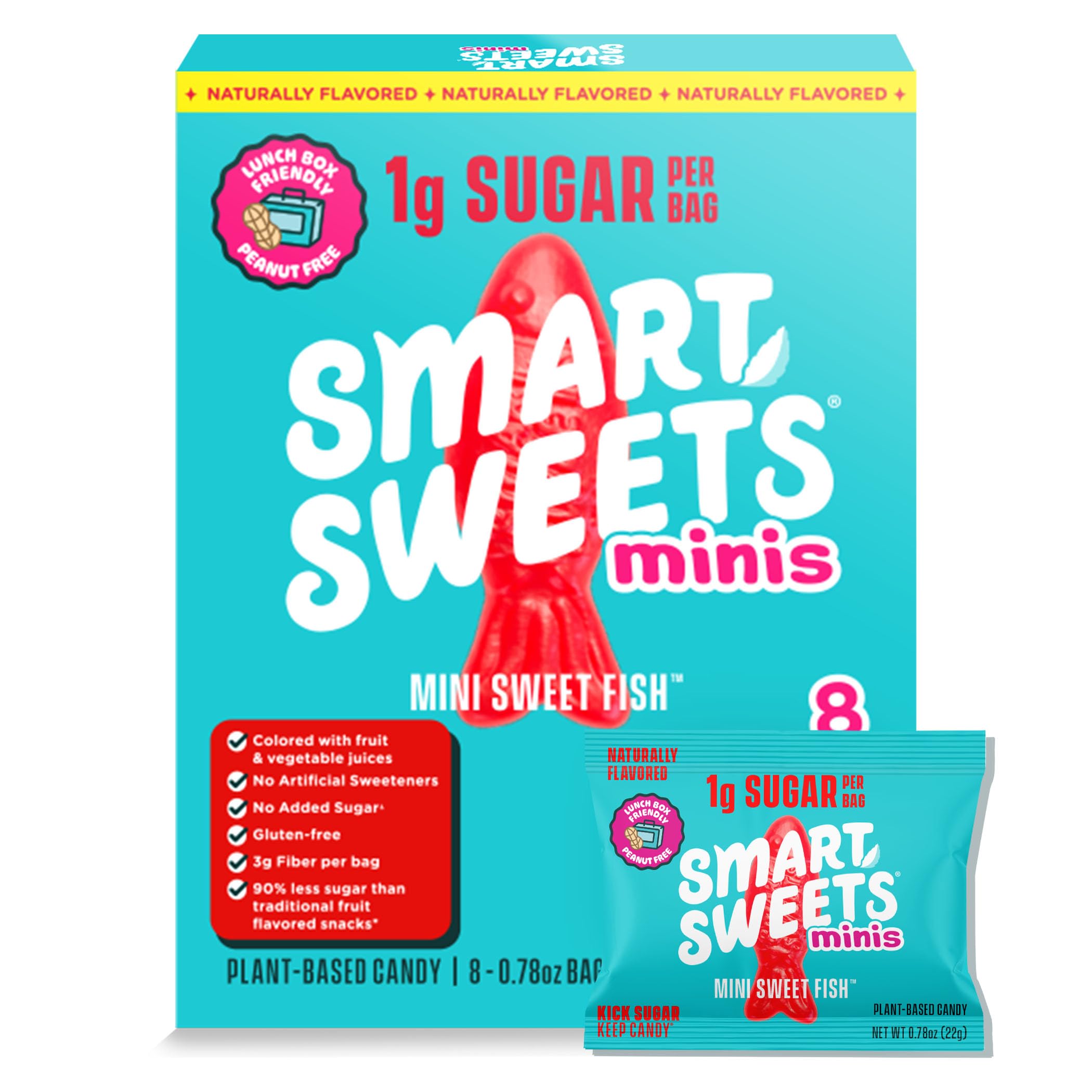 SmartSweets Mini Sweet Fish multipack box with eight low-sugar lunchbox snacks.