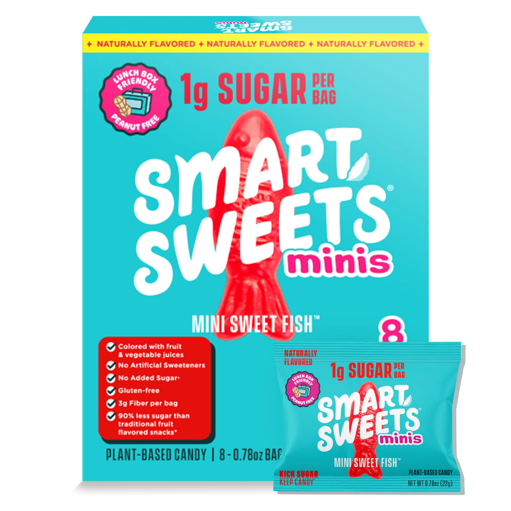 SmartSweets Mini Sweet Fish multipack box with eight low-sugar lunchbox snacks.
