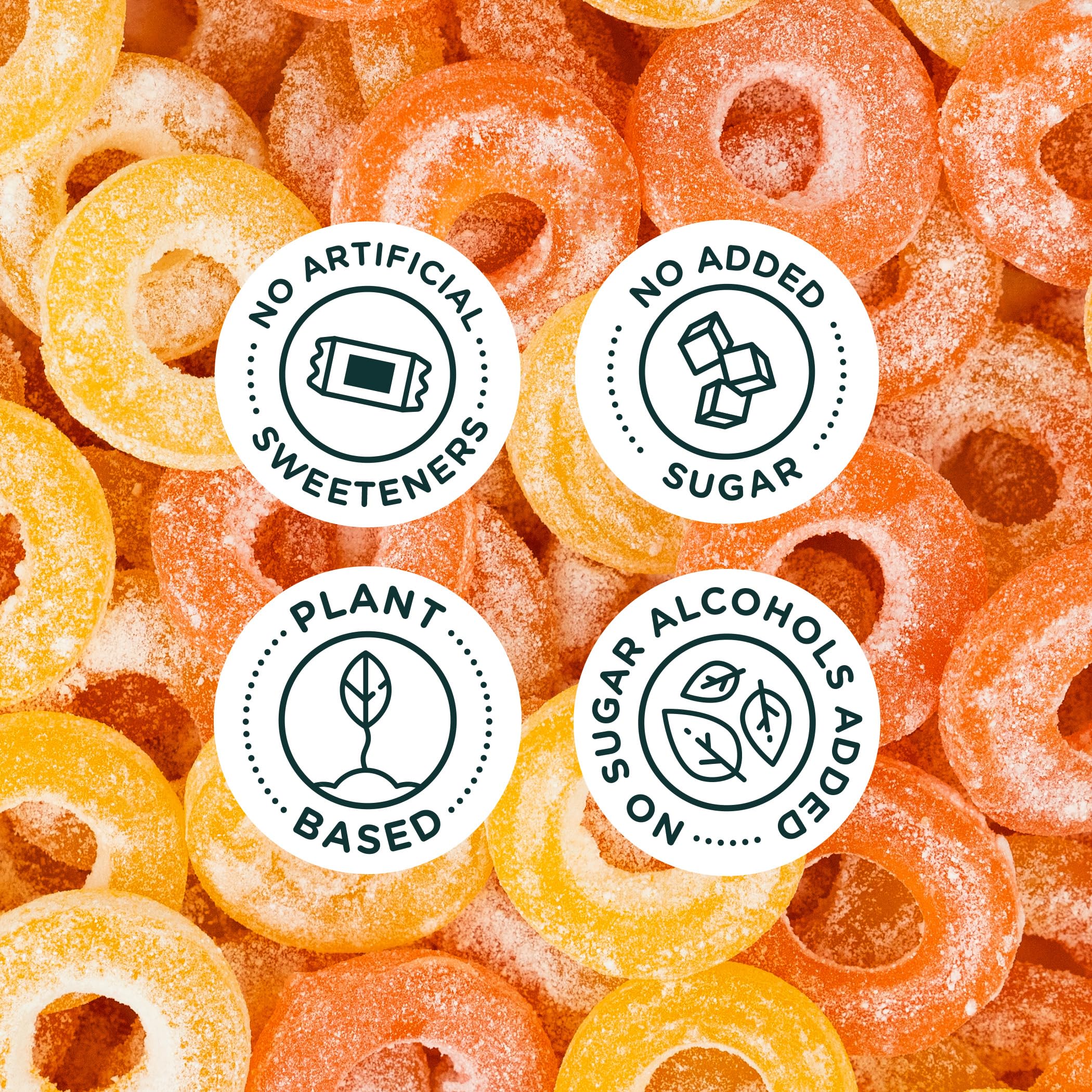 SmartSweets Peach Rings ingredients label showing no artificial sweeteners.