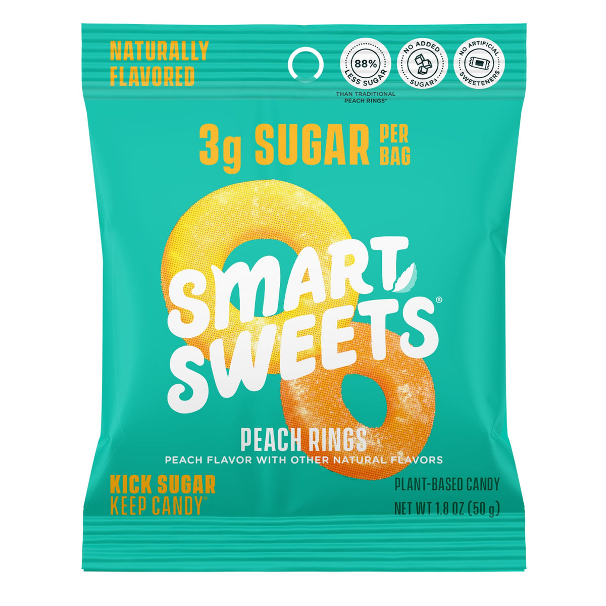 SmartSweets Peach Rings pack shot highlighting gluten-free, low-sugar candy for on-the-go snacking.