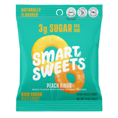 SmartSweets Peach Rings pack shot highlighting gluten-free, low-sugar candy for on-the-go snacking.