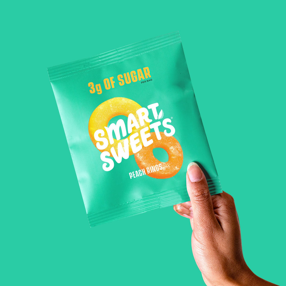 SmartSweets Peach Rings serving panel shows 3g of sugar per bag.