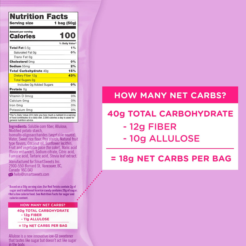 SmartSweets Red Twists packaging label highlighting gluten-free and plant-based.