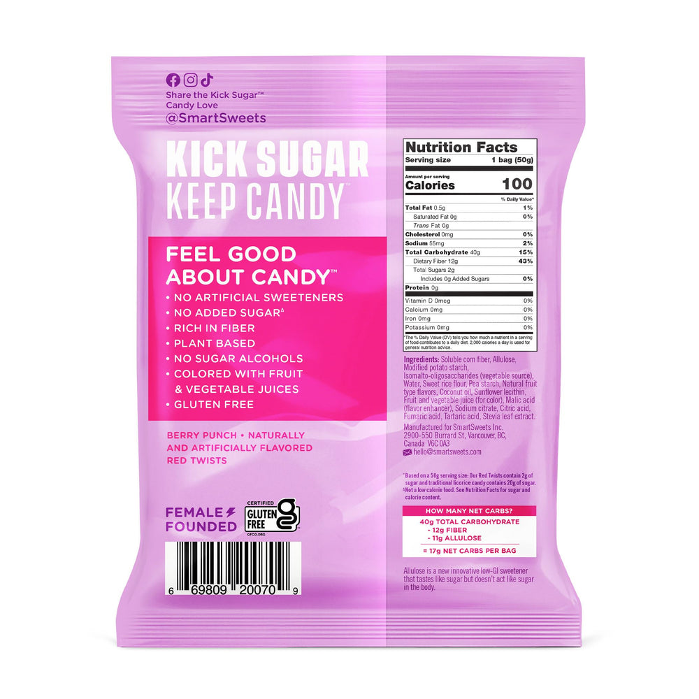 SmartSweets Red Twists closeup, soft texture with berry punch flavor.
