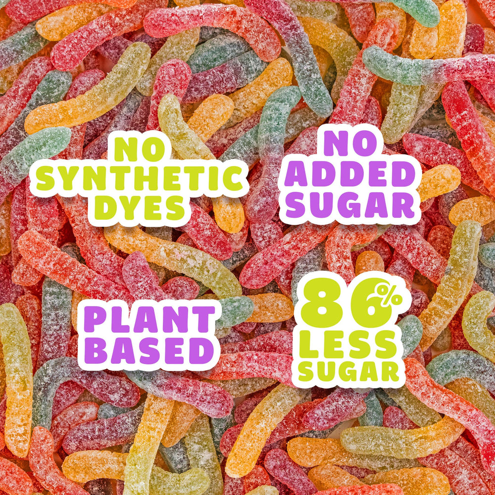 SmartSweets Sour Gummy Worms close-up, colorful texture from fruit and veggie juices.