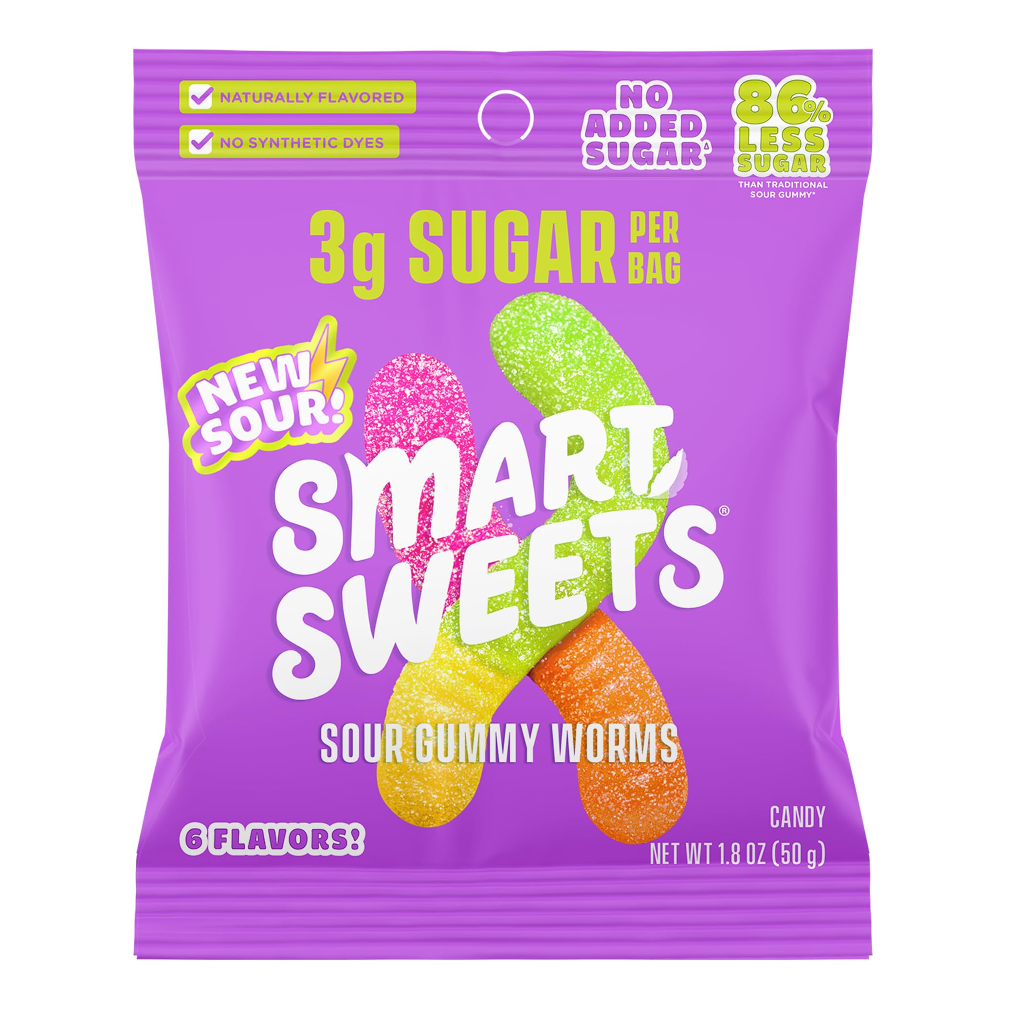 SmartSweets Sour Gummy Worms blue raspberry cherry crush flavor bag, low-sugar candy option.