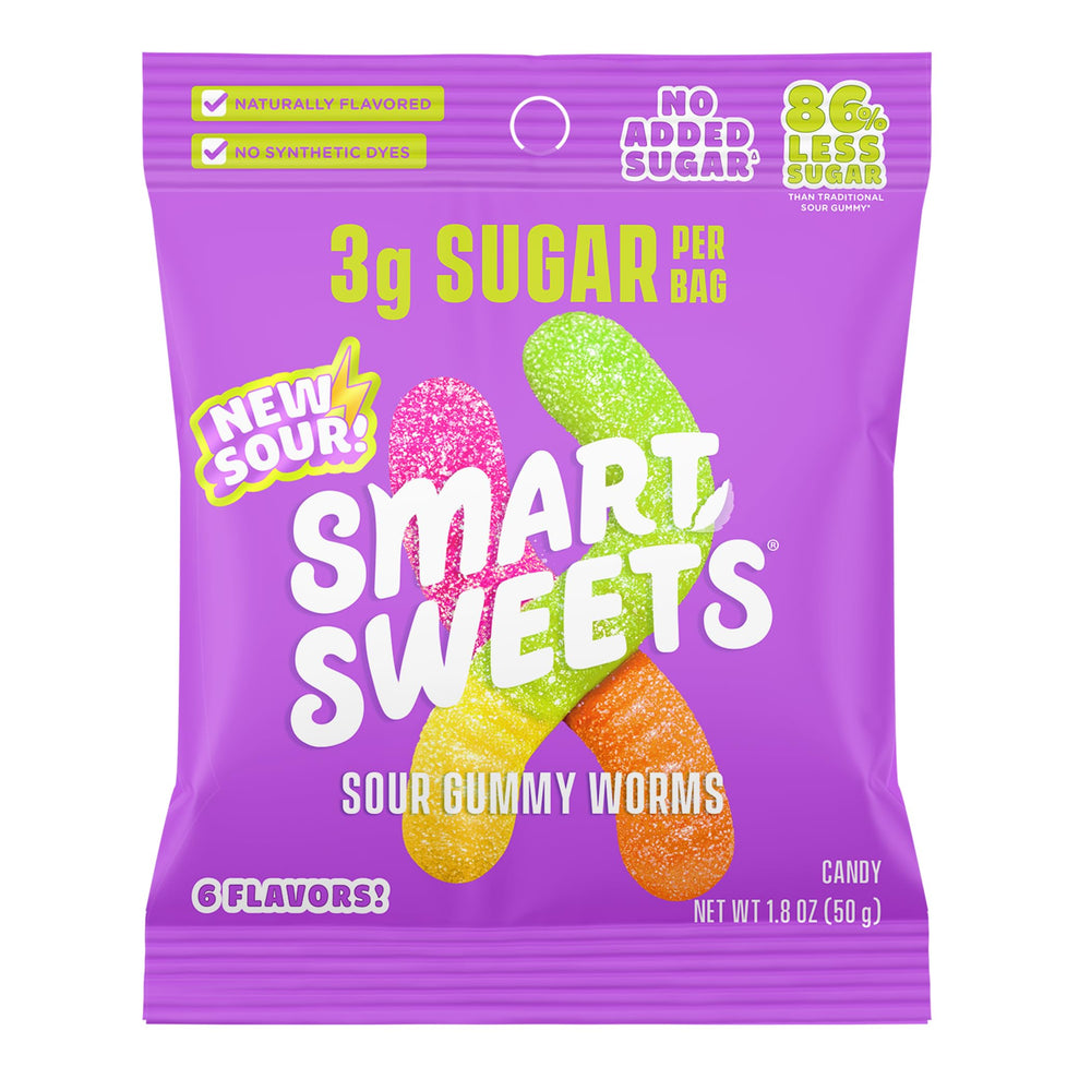 SmartSweets Sour Gummy Worms blue raspberry cherry crush flavor bag, low-sugar candy option.
