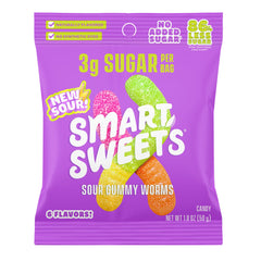 SmartSweets Sour Gummy Worms blue raspberry cherry crush flavor bag, low-sugar candy option.