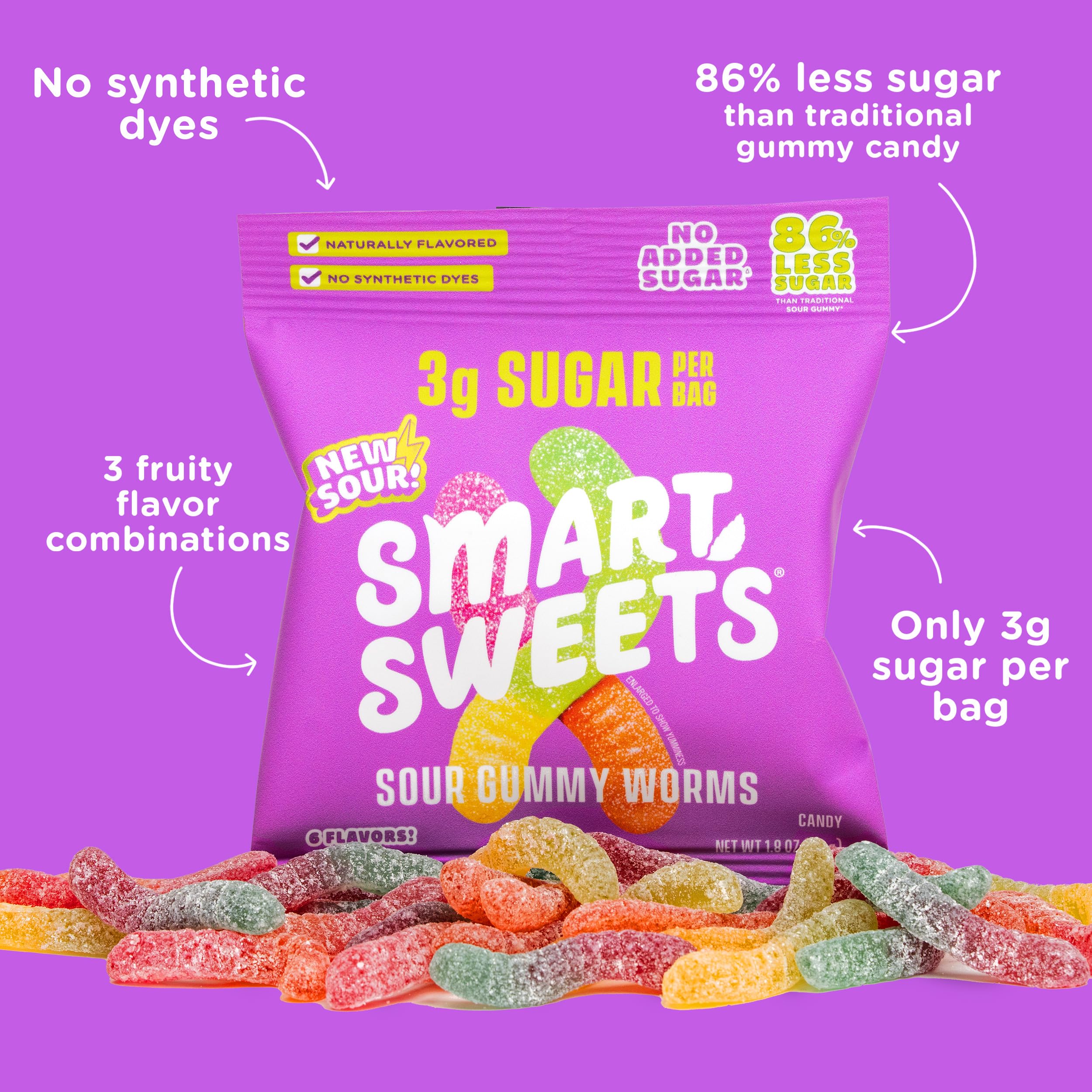 SmartSweets Sour Gummy Worms bag with gluten-free claim, allergen-conscious snack.