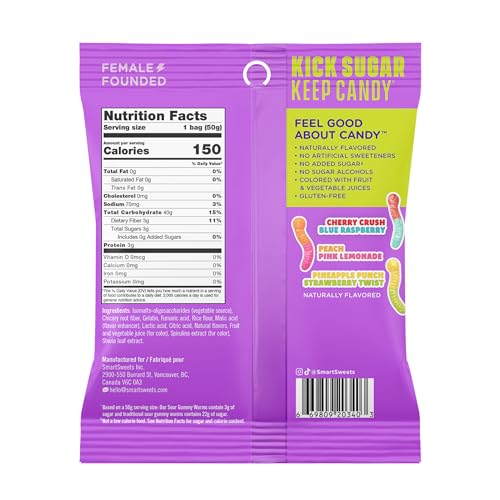 SmartSweets Sour Gummy Worms pink lemonade peach flavor bag, naturally flavored and gluten-free.