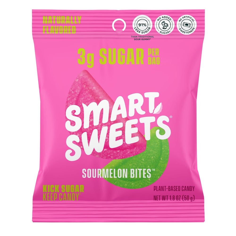 SmartSweets Sourmelon Bites pack front showing gluten-free, low-sugar snack.