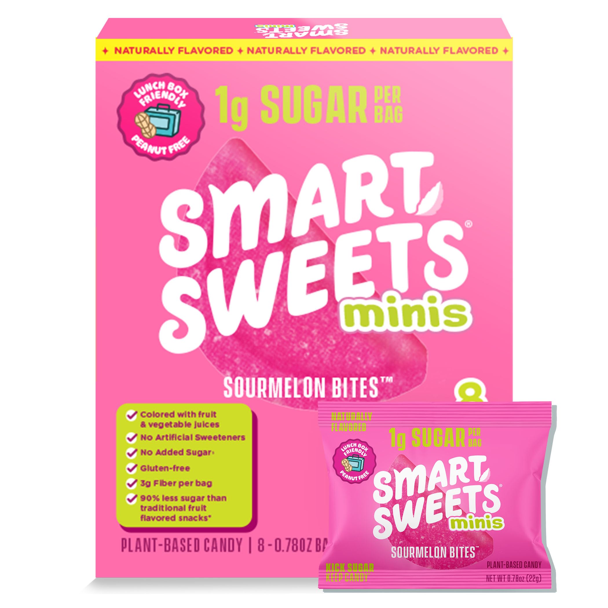 SmartSweets Sourmelon Bites pack shown as an eight-pouch multipack for easy on-the-go snacking