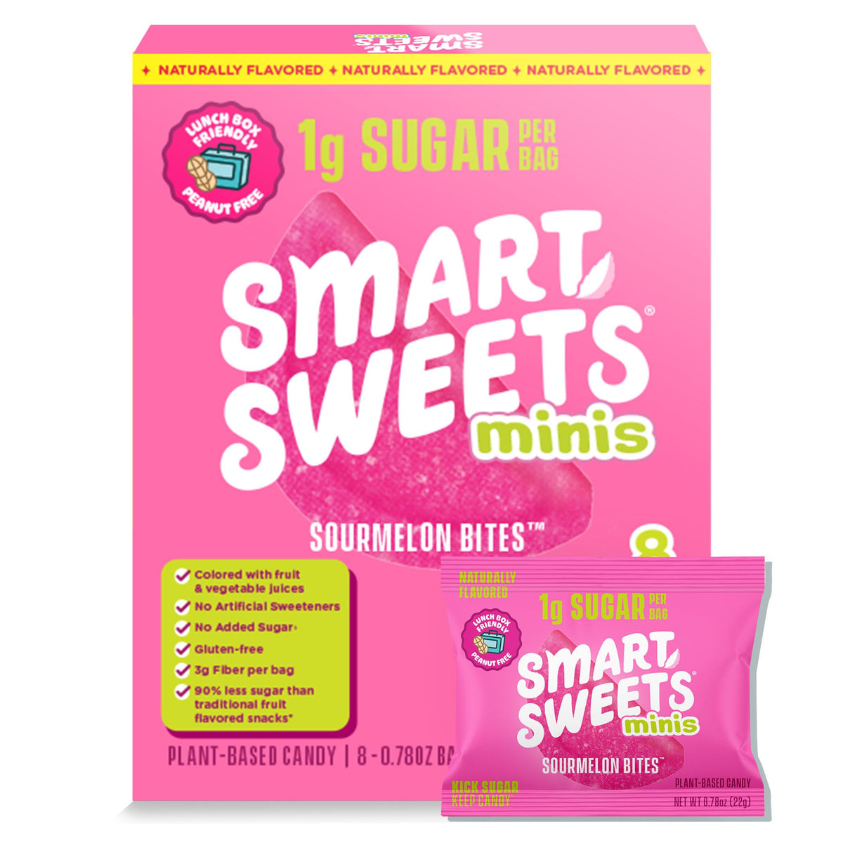 SmartSweets Sourmelon Bites pack shown as an eight-pouch multipack for easy on-the-go snacking