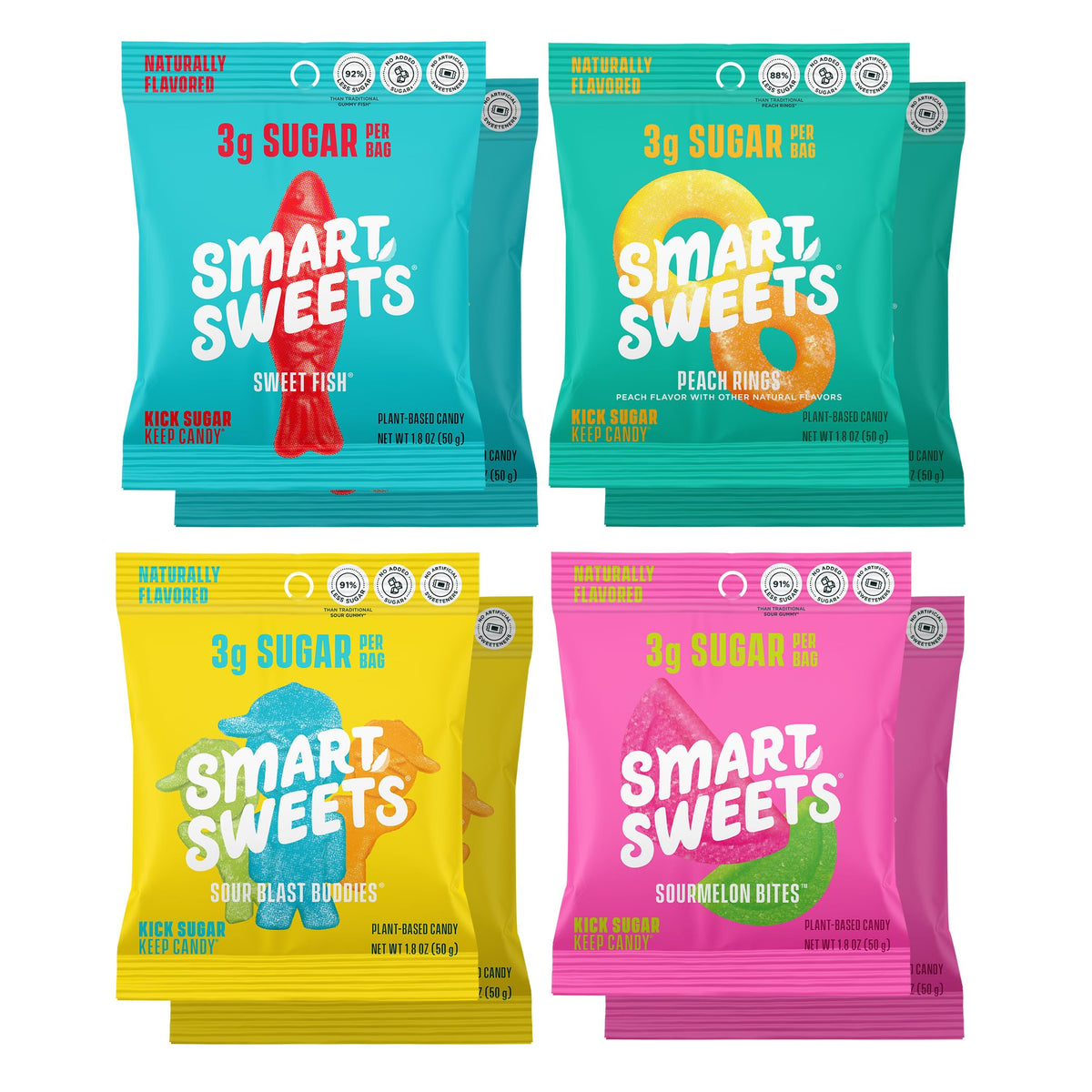 SmartSweets Variety Pack box with eight low-sugar candy bags for all ages.