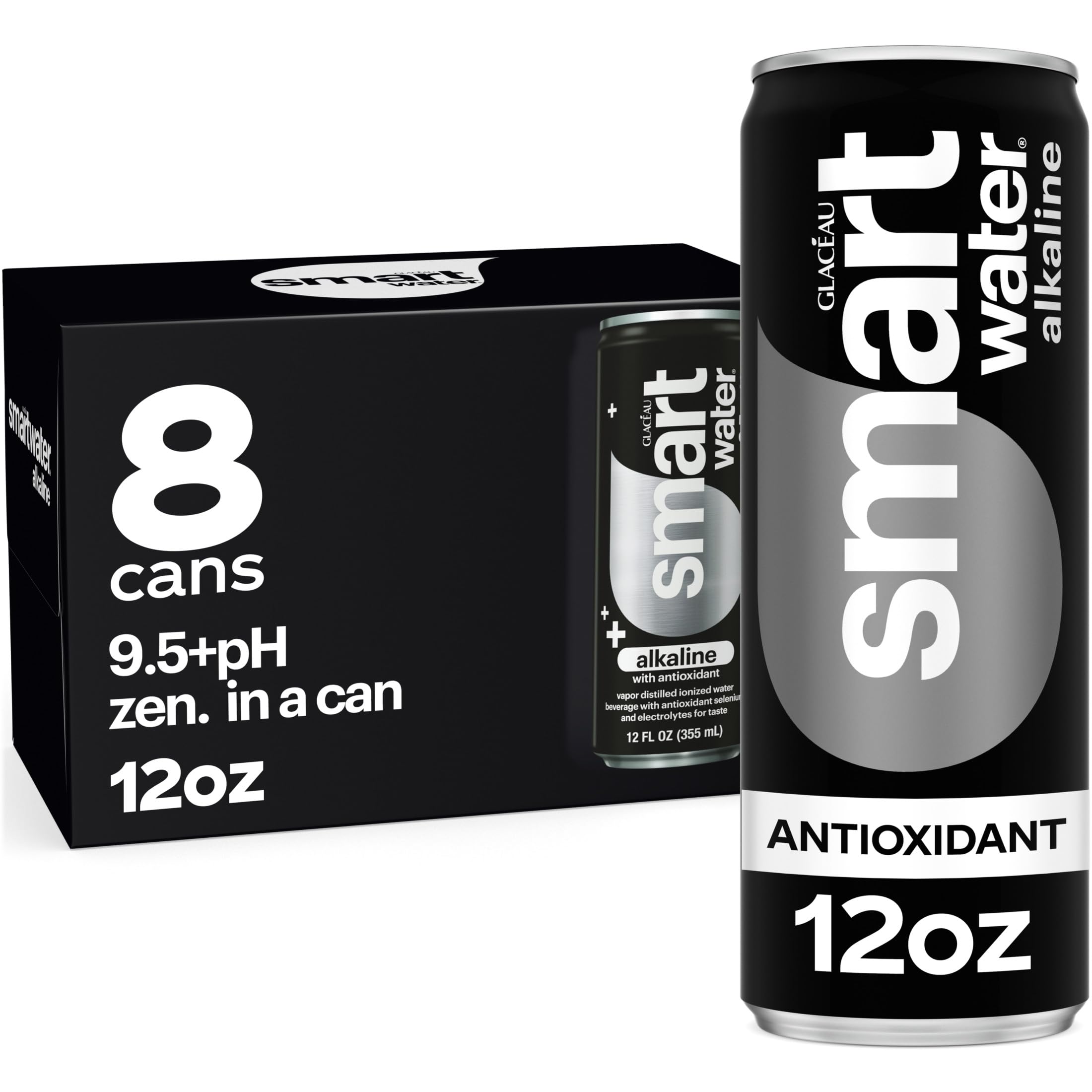 Smartwater alkaline antioxidant can front view for refreshing hydration on the go