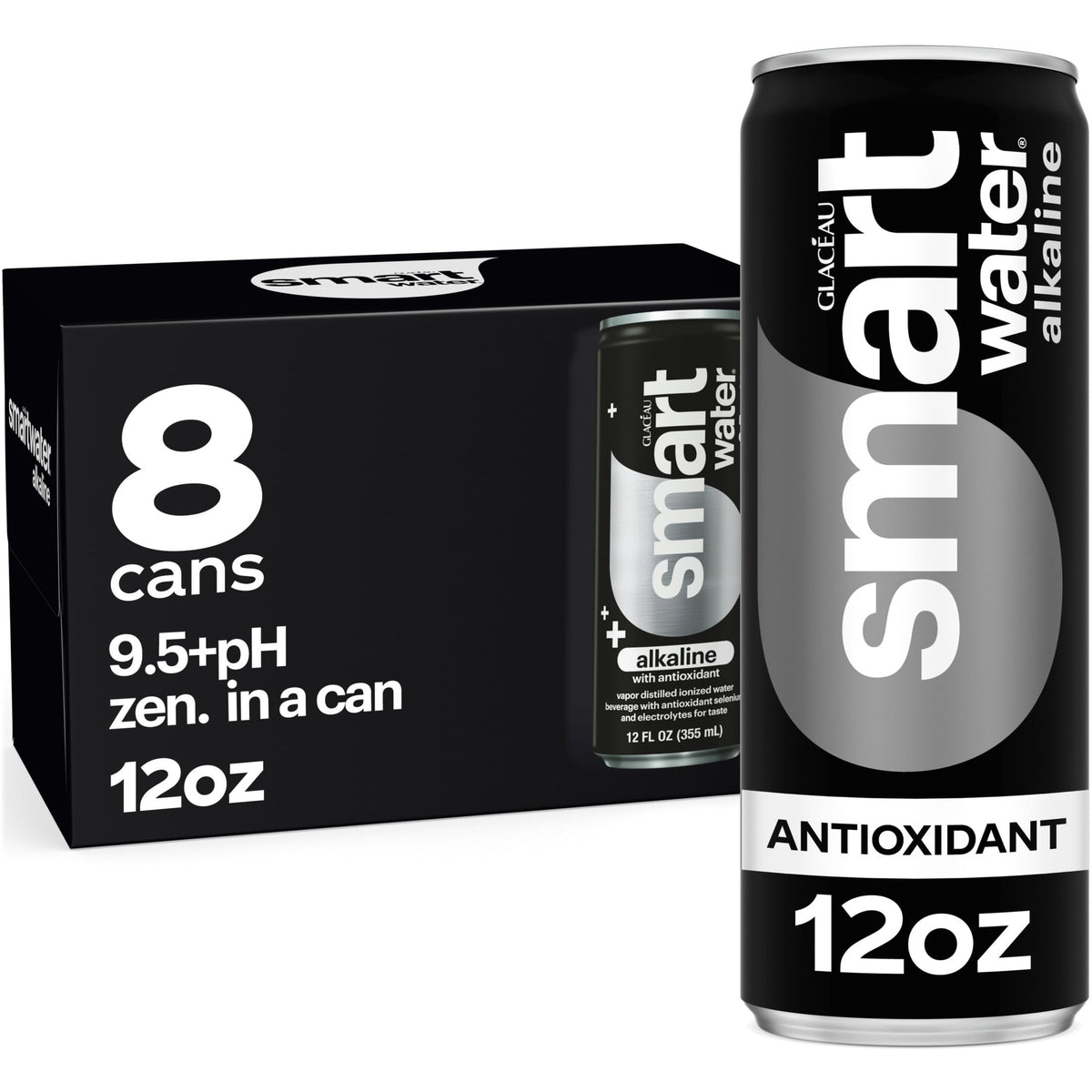 Smartwater alkaline antioxidant can front view for refreshing hydration on the go