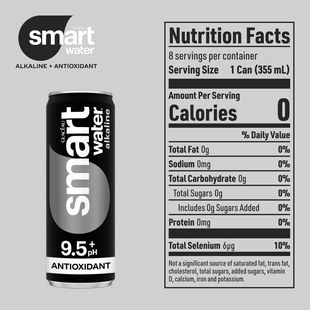 Smartwater alkaline antioxidant can pour showcasing crisp taste and portable hydration