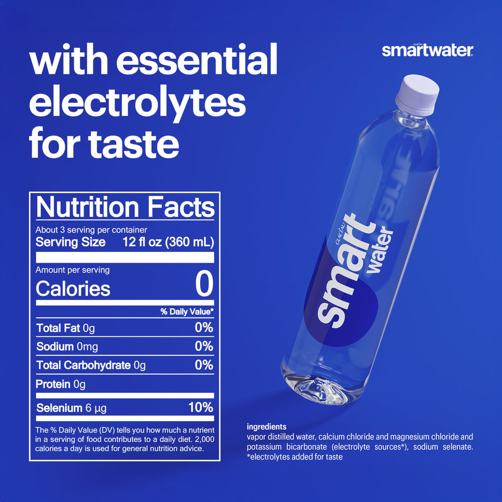 Smartwater label close-up on six-pack highlights purity and crisp taste.